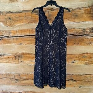 LOFT Black Lace Overlay V Neck Sleeveless Knee Length Dress Size 4